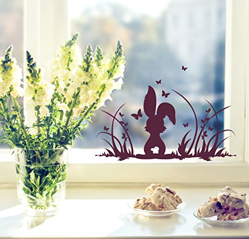 ilka parey wandtattoo-welt Fensterbilder Fensterdeko Ostern Frühling Hase Häschen Osterhase Wiese und Schmetterlinge M1364f