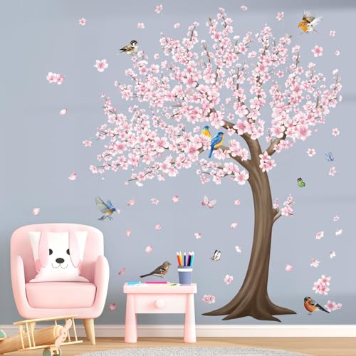 wondever Wandtattoo Groß Baum Kirschblüte Wandaufkleber Kirschbaum Blumen Rosa Vögel Wandsticker Wanddeko für Kinderzimmer Mädchen Wohnzimmer Schlafzimmer