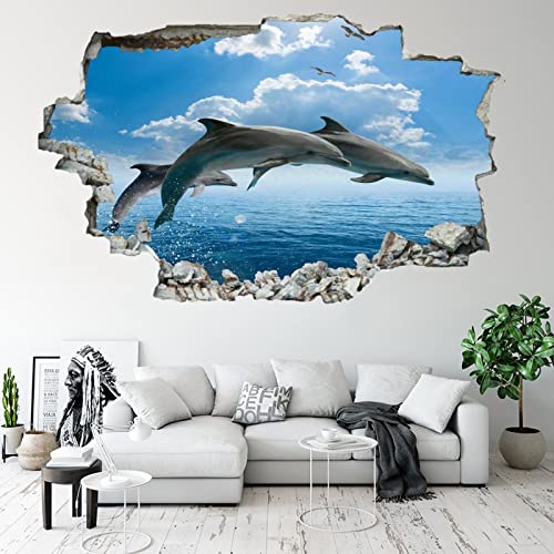 Kuletkear 3D Wandtattoo Durchbruch Wandaufkleber für Kinderzimmer Wandtattoos für Wohnzimmer Delfin B 120 x H 80 cm Wandsticker Wandbild Junge Mädchen Schlafzimmer