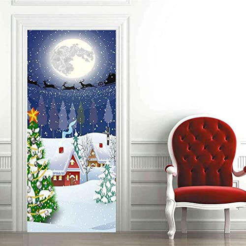 3D Innentür Türposter Türtapete Türaufkleber Einfache Cartoon Weihnachten Mond Sternenhimmel 77 X 200 Cm Selbstklebend Türfolie Poster Tapete Wandtattoo Tür Wandbild Aufkleber Schlafzimmer Bad Büro H