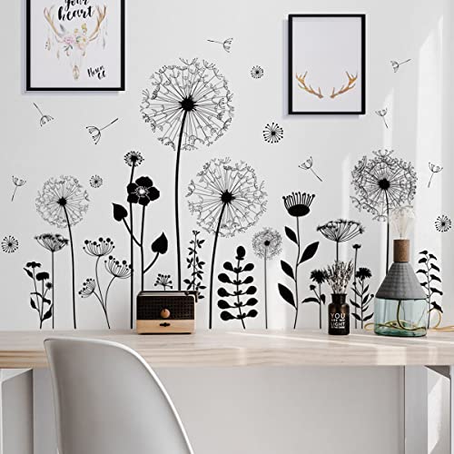 Wandtattoo Löwenzahn Wandtattoo Pusteblumen Schwarz für Wanddeko Groß Löwenzahn Blumen Pflanzen Wandsticker Wandaufkleber Kleben Aufkleber Wandbilder für Wohnzimmer Schlafzimmer Vorraum Flur Fenster