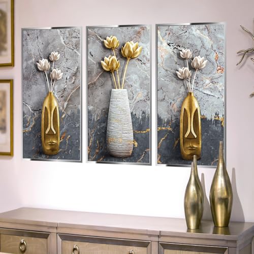 COVPAW Wandtattoo 3 Selbstklebend Wandbilder Vase Stein Golden Tulpen Wandaufkleber Kunst Vase Blumen Goldene Blätter Wandsticker Wohnzimmer Schlafzimmer Kinderzimmer Flur Büro Wanddeko (Stein)