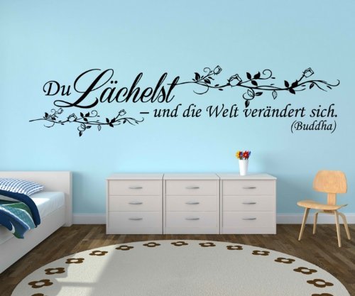 myDruck-Store Wandtattoo Spruch Lächeln Welt Glück Wandsticker Sprüche Aufkleber Zitate 5D117, Farbe:Dunkelgrau Matt;Breite:180 cm