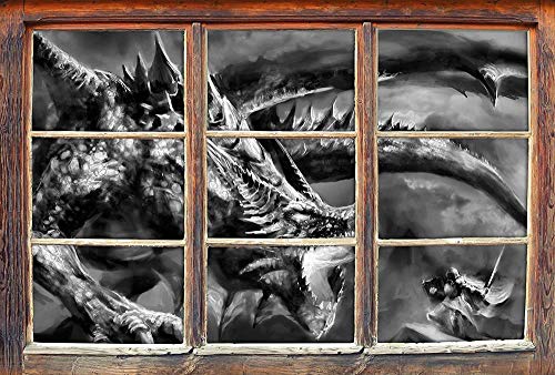 KAIASH 3D Wandsticker Monocrome Kampf zwischen Mensch und Drache Fenster im 3D Look Wand oder Türaufkleber Wandsticker Wandtattoo Wanddekoration 92x62cm