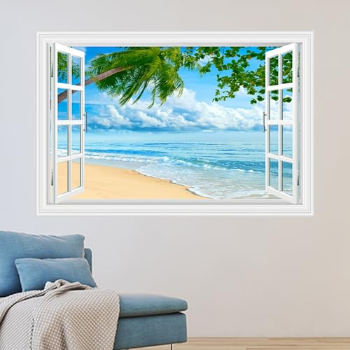 astylishome Wandtattoo Landschaft für Wohnzimmer Wandsticker Meer Strand Palm Poster Fensterblick Wand Deko für Schlafzimmer Küche Türaufkleber Badezimmer 1605