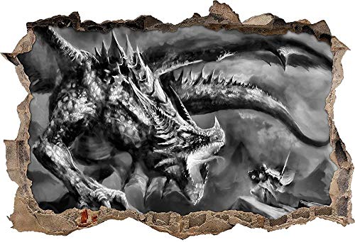 KAIASH 3D Wandsticker Monocrome Kampf zwischen Mensch und Drache Wanddurchbruch im 3D Look Wand oder Türaufkleber Wandsticker Wandtattoo Wanddekoration 62x42cm