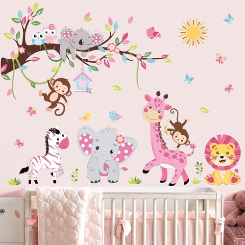 wondever Wandtattoo Waldtiere Baum Ast Rosa Wandaufkleber Safari Tiere Elefant Giraffe Löwe Affe Wandsticker Wanddeko für Mädchen Babyzimmer Kinderzimmer Schlafzimmer