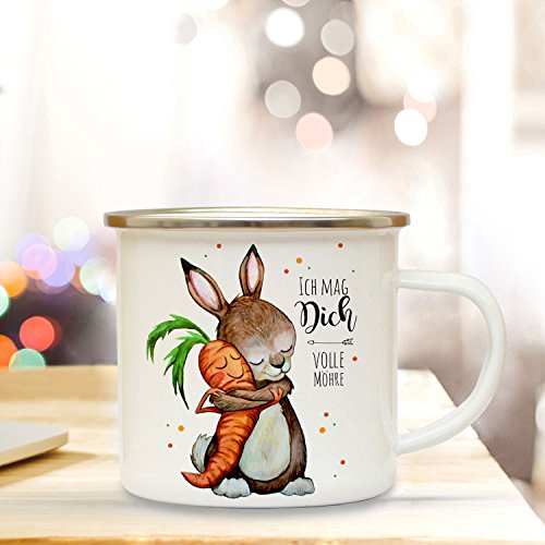 ilka parey wandtattoo-welt Emaille Tasse Becher Ostern Hase Häschen Kaffeebecher Camping Becher mit Spruch Ich mag Dich volle Möhre eb28