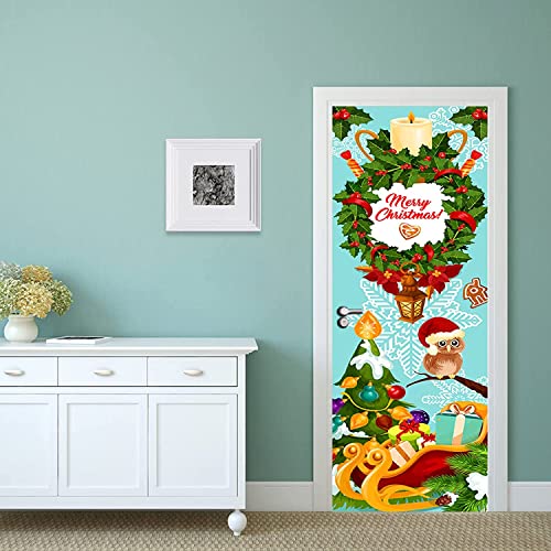 3D Türtapete Selbstklebend Türaufkleber - Weihnachten Eule Cartoon Tier - Türfolie Poster Premium Pvc Wasserfest Wandtattoo Für Schlafzimmer Wohnzimmer Tür Dekoration Tapete 95 X 215 Cm