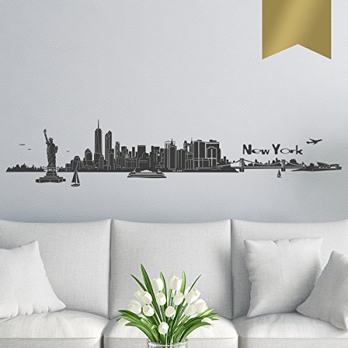 WANDKINGS Wandtattoo Skyline New York (mit Sehenswürdigkeiten und Wahrzeichen der Stadt) 205 x 41 cm Gold - erhältlich in 33 Farben