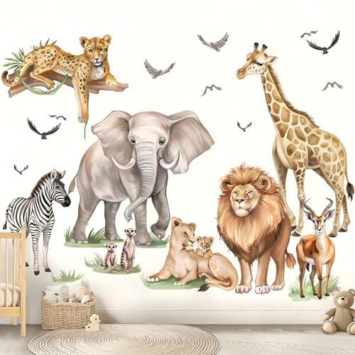 wondever Wandtattoo Safari Tiere XXL Savanne Wandaufkleber Dschungel Tiere Löwen Leopard Giraffe für Kinderzimmer Babyzimmer Schlafzimmer