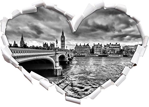 Stil.Zeit Monocrome, Themse London Big Pen Großbritannien Herz im 3D-Look, Wand- oder Türaufkleber Format: 62x43,5cm, Wandsticker, Wandtattoo, Wanddekoration