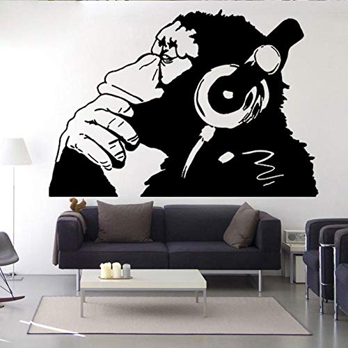 artaslf Banksy Vinyl Wandtattoo Affe mit Kopfhörern/einfarbiger Schimpanse Musik hören in Kopfhörern/Street Graffiti Sticker 99x69cm