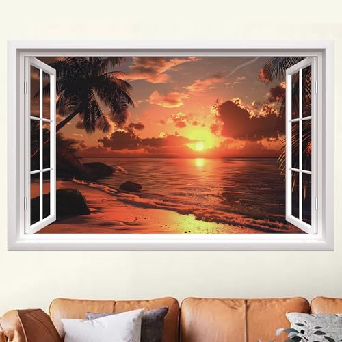 TOARTI 3D Sonnenuntergang Wandttatto Landschaft Wandsticker für Wohnzimmer Sonne Meer Strand Wandaufkleber Palmen Baum Wandbilder für Schlafzimmer Badezimmer Deko 84x60cm(BxH)