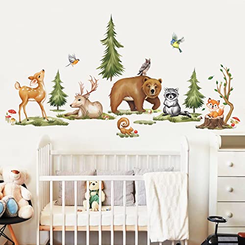 wondever Wandtattoo Waldtiere Wandaufkleber Bär Hirsch Fuchs Bäume Wandsticker Wanddeko für Kinderzimmer Babyzimmer Schlafzimmer