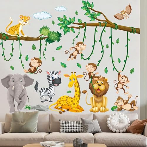 Wandtattoo Dschungel Tiere Baum Reben Wandsticker Kinderzimmer Tierische Party Wandaufkleber Elefant Giraffe Löwe Affe Zebra Eule für Jungen Mädchen Babyzimmer Schlafzimmer Wanddeko