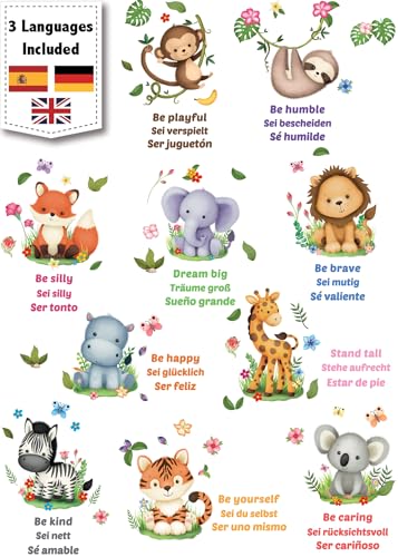 DECOWALL DS12-8074 Baby-Animale und Zitate Cartoon Wall-Sticker Kinder Kinderzimmer-Dekoration Deutsch Mädchen Wald-Safari Spielzimmer Dschungel Löwen Zebra cute Blumen-Butterflügel