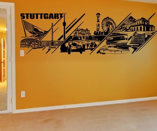 Wandtattoo Stuttgart Stadt Deutschland Skyline Wand Aufkleber Wandbild 1M621, Farbe:Schwarz Matt;Skyline Länge:160cm