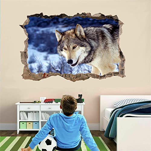 Wolf Wandtattoo Durchbruch 3D Wandsticker Tier Selbstklebend Wanddeko 50 cm x 75 cm Wanddurchbruch Sticker für Kinderzimmer Mädchen Wanddeko Spielzimmer Kleinkind Wandaufkleber Schlafzimmer Wandbild