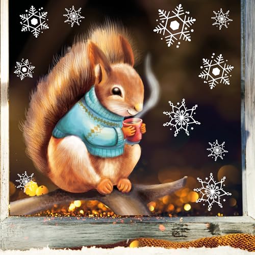 Wandtattoo Loft Fensterbilder Weihnachten mit Eichhörnchen im Pullover – Wiederverwendbar – A3 Bogen – Weihnachstdeko Fenster Kinderzimmer, Weihnachtsbilder Fenster, Fensterbild Winter