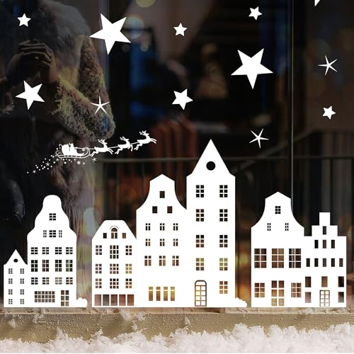 Wandtattoo Loft Fensterbilder Weihnachten Häuserreihe, Sterne, Rentier – Wiederverwendbar – A2 Bogen, 27 Sticker – Weihnachstdeko Fenster Kinderzimmer, Weihnachtsbilder Fenster, Fensterbild Winter