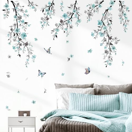 wondever Wandtattoo Hängende Rebe Blumen Blau Wandaufkleber Aquarell Blüten Baum Ast Schmetterling Wandsticker Wanddeko für Wohnzimmer Schlafzimmer Sofa Hintergrund