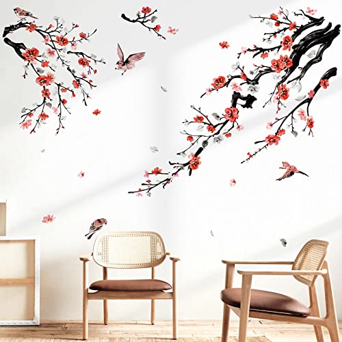 wondever Wandtattoo Blumen Vögel auf Baum Ast Wandaufkleber Blüten Blumen Rot Wandsticker Wanddeko für Wohnzimmer Schlafzimmer