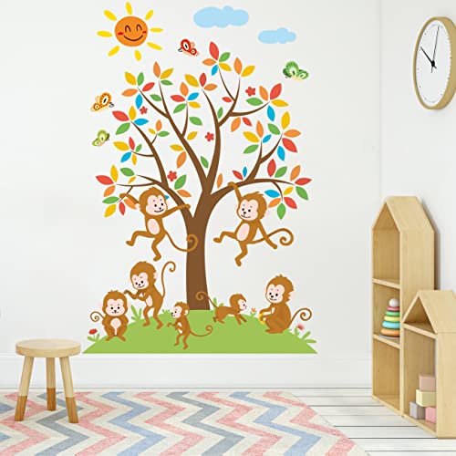 Runtoo Wandtattoo Affe Tiere Wandsticker Bunter Baum Wandaufkleber Kinderzimmer Babyzimmer