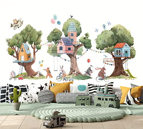 WONDER MURALS Wandtattoo Kinderzimmer Deko Mädchen Baum Groß Junge Wandaufkleber Waldtiere Tiere Wandsticker Kinder Wanddeko Babyzimmer Fuchs Hirsch Bär Igel