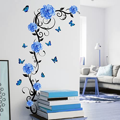 Wandtattoo Blau Blumen Ranke Wandaufkleber Blume Pfingstrose Schmetterling Wandsticker für Schlafzimmer Wohnzimmer Wanddeko