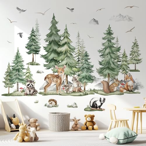 decalmile Wandtattoo Baum Große Kiefer Wandaufkleber Waldtiere Hase Fuchs Wandsticker Kinderzimmer Babyzimmer Kinderzimmer Jungen Wanddeko