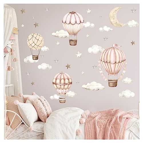 DEKO KINDERZIMMER Wandtattoo Heißluftballon Wolken Mond Wandsticker Babyzimmer Boho Wandaufkleber Kinderzimmer Mädchen Schlafzimmer Wanddeko DK1135-04