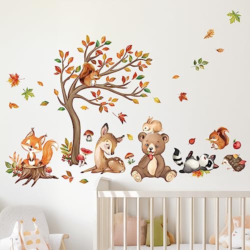 decalmile Wandtattoo Waldtiere Baum Blätter Wandaufkleber Bär Hirsch Fuchs Eichhörnchen Wandsticker Babyzimmer Kinderzimmer Schlafzimmer Wanddeko