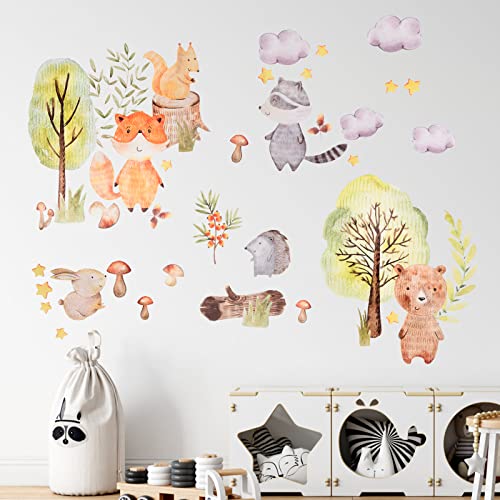 Anseom Dschungeltiere Wandsticker, 95 x 72 cm (l x h) Fuchs Baum Hase Wandtattoo Aquarell Wandsticker für Kinderzimmer Wandaufkleber Tropische Bäume Babyzimmer Deko Hause Wanddekoration (Waldparty)