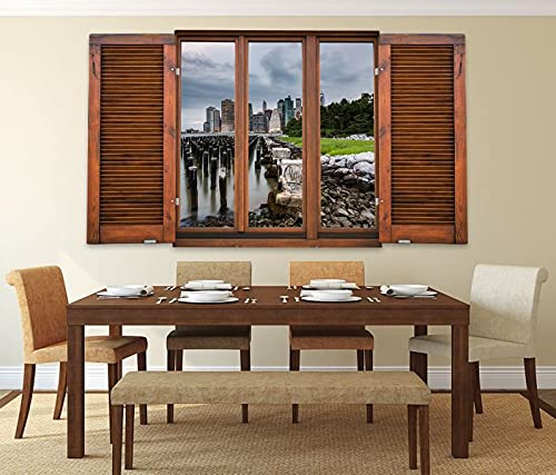 3D Wandtattoo Fenster Rustikal manhattan new york amerika Vintage Wand Aufkleber Wanddurchbruch Wandbild 11RS1196, Wandbild Größe F:ca. 162cmx97cm