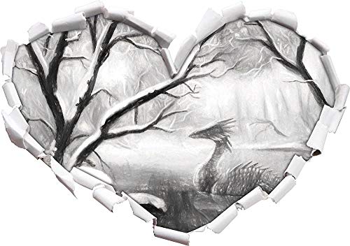 KAIASH 3D Wandsticker Drache im schneebedeckten Wald Kunst Kohle Effekt Herzform im 3D Look Wand oder Türaufkleber Wandsticker Wandtattoo Wanddekoration 62x43cm