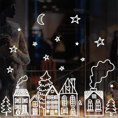 Wandtattoo Loft Fensterbilder Weihnachten Häuserreihe – Wiederverwendbar – A4 Bogen, 44 Sticker – Weihnachstdeko Fenster Kinderzimmer, Weihnachtsbilder Fenster, Fensterbild Winter, Fensterdekoration