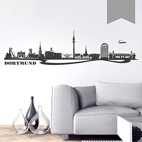 Wandkings Wandtattoo Skyline Dortmund (mit Sehenswürdigkeiten und Wahrzeichen der Stadt) 150 x 39 cm Mittelgrau - erhältlich in 33 Farben