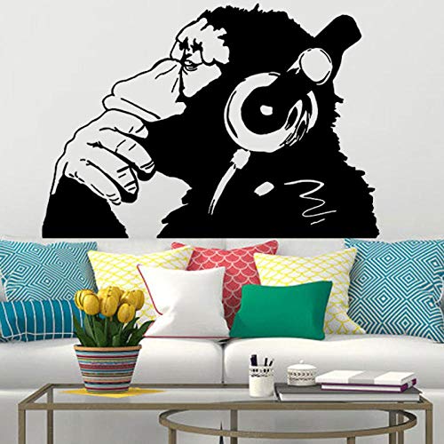 artaslf Banksy Vinyl Wandtattoo Affe mit Kopfhörern/einfarbiger Schimpanse Musik hören in Kopfhörern/Street Graffiti Sticker 61x42cm