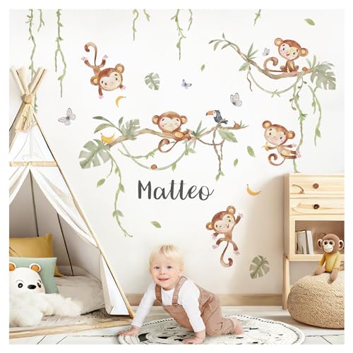 Grandora Wandtattoo Safari Tiere personalisiert Wandsticker mit Name Kinderzimmer Affen Baum Wandaufkleber Blätter Babyzimmer Schlafzimmer Wanddeko DL984-05