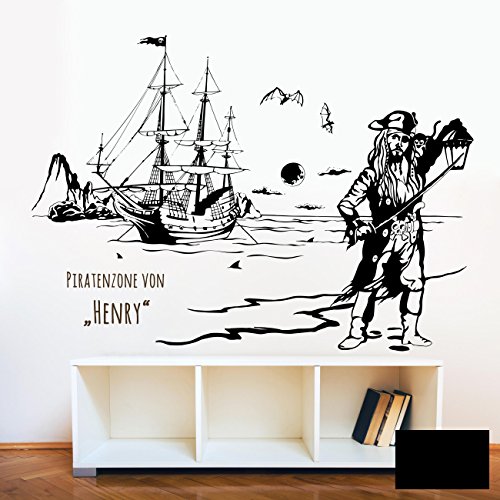 Wandtattoo Wandaufkleber Piratenzone Piratenschiff Pirat Pirateninsel Meer Seeräuber Wunschname Name M1643 - ausgewählte Farbe: *Schwarz* - ausgewählte Größe: *L - 120cm breit x 86cm hoch*