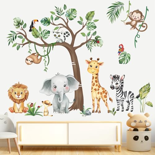 decalmile Wandtattoo Dschungel Waldtiere Baum Wandsticker Safari Elefant Giraffe Affe Wandaufkleber Babyzimmer Schlafzimmer Klassenzimmer Wanddeko