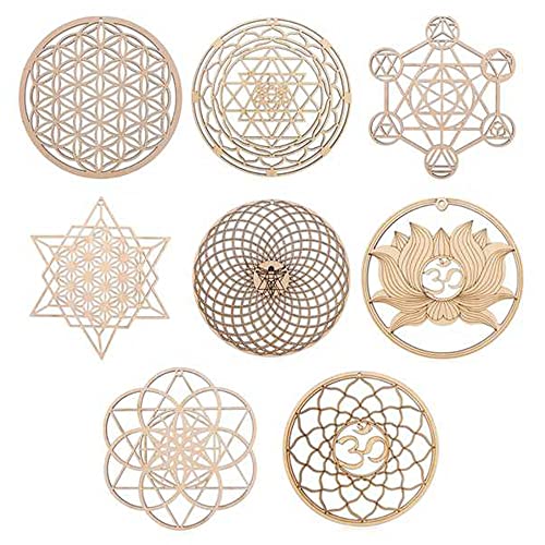 Tiamu 8 Pack Blume des Lebens Untersetzer, 14cm Untersetzer Kork, Heilige Geometrie DIY Wandkunst Set, Mandala Meditation Chakra Holz Wandskulptur für Meditation, Yoga und Heimdekoration