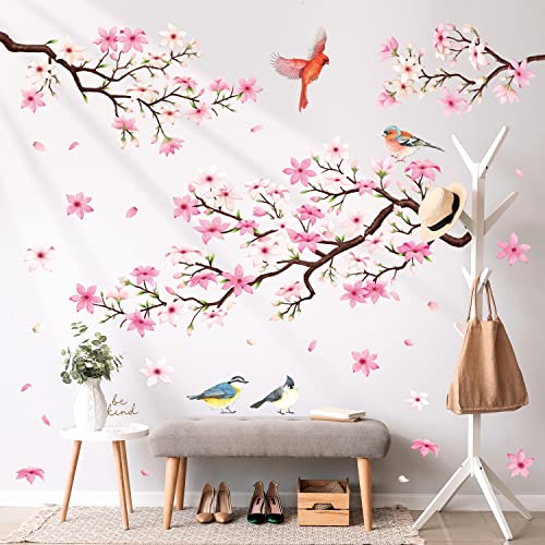 DECOWALL SG2-2305 Kirschblüte Wandtattoo Wandaufkleber Rosa Blumen Äste Vögel Wandsticker Schlafzimmer Wohnzimmer Fenster Wanddeko