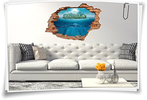 3D Wanddurchbruch Wandbild Wandaufkleber Wandtattoo Insel Palmen Meer Wasser, 150x100cm