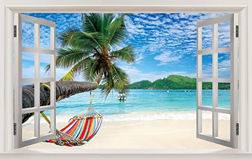 ANHUIB 3D Landschaft Wandsticker,Strand Wandaufkleber Schlafzimmer,Wandtattoo Wohnzimmer Landschaft,90*60cm(BxH),Durchbruch Wandaufkleber,Palmen Baum Wandtattoo für Schlafzimmer Badezimmer Küche Deko