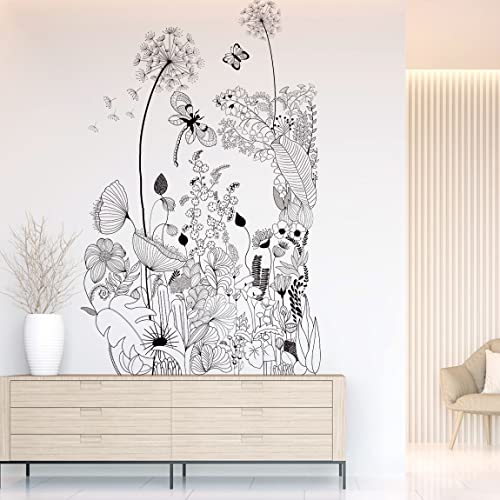 Runtoo Wandtattoo Blumen Schwarz Wandsticker Pflanze Wandaufkleber Wohnzimmer Flur Schlafzimmer