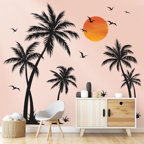 wondever Wandtattoo Palme Baum Groß Schwarze Wandaufkleber Tropische Baum Pflanzen Vögel Wandsticker Wanddeko für Schlafzimmer Wohnzimmer TV Hintergrund (H: 135cm)