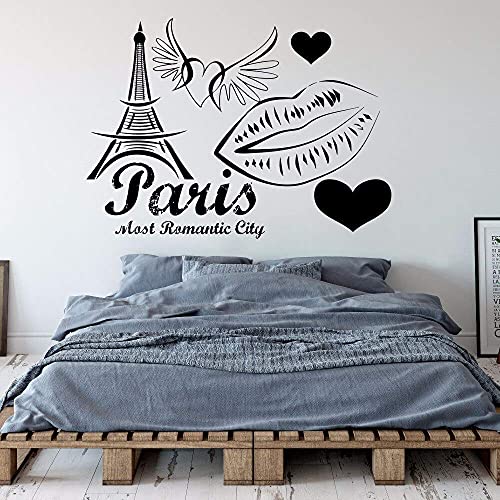 Vinyl Wandaufkleber Paris Frankreich Wand Poster Berühmte Turm Wandtattoo Dekoration Herz Flügel Liebe Romantisches Wandbild 57 * 41Cm