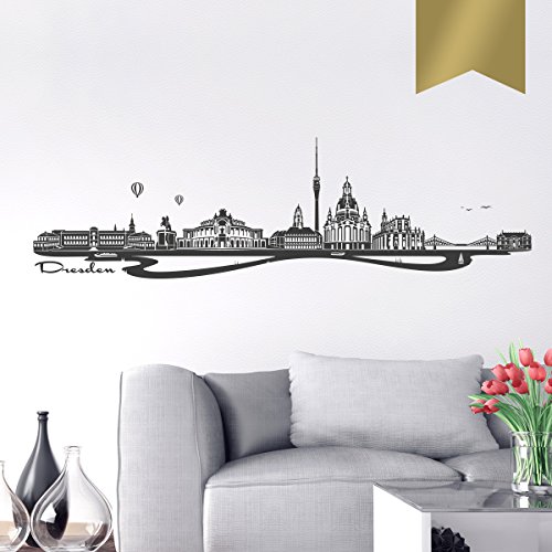 WANDKINGS Wandtattoo Skyline Dresden (mit Sehenswürdigkeiten und Wahrzeichen der Stadt) 175 x 49 cm Gold - erhältlich in 33 Farben